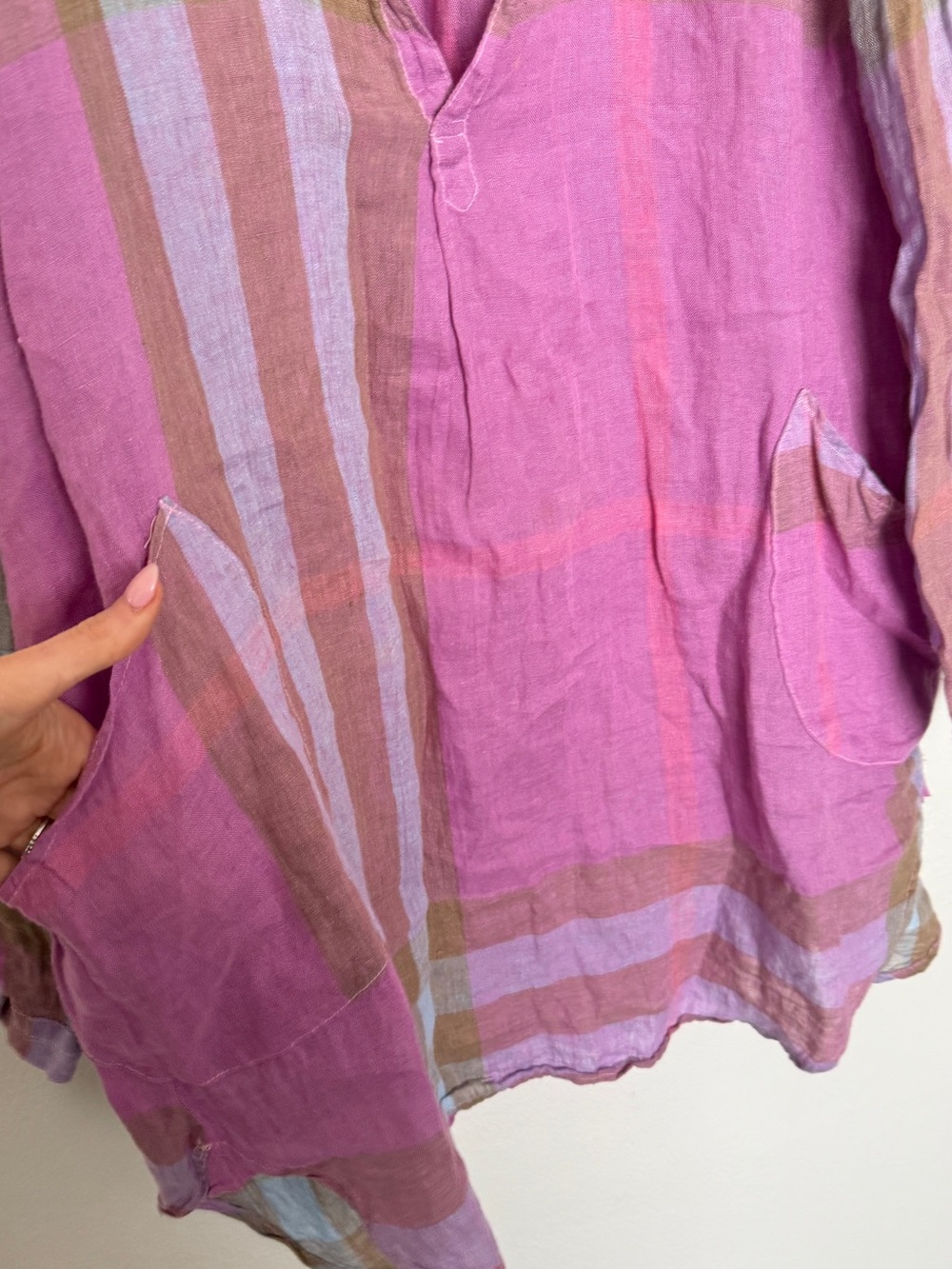 CP Shades 100% Linen Pink Plaid Oversized Tunic Shirt Dress L - Picture 5 of 9